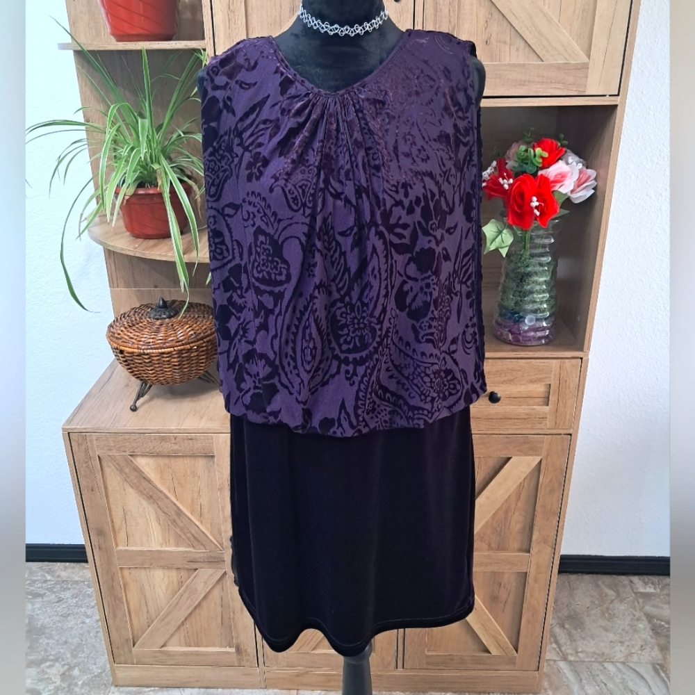 R&M Richard's Velour Chiffon Dress Purple Embossed Floral Pattern Fitted Party